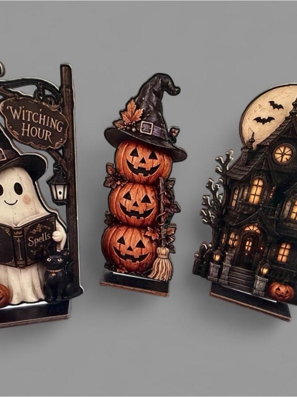 Set of Halloween Stacked Jack-O'-Lantern, spooky ghost & haunted house